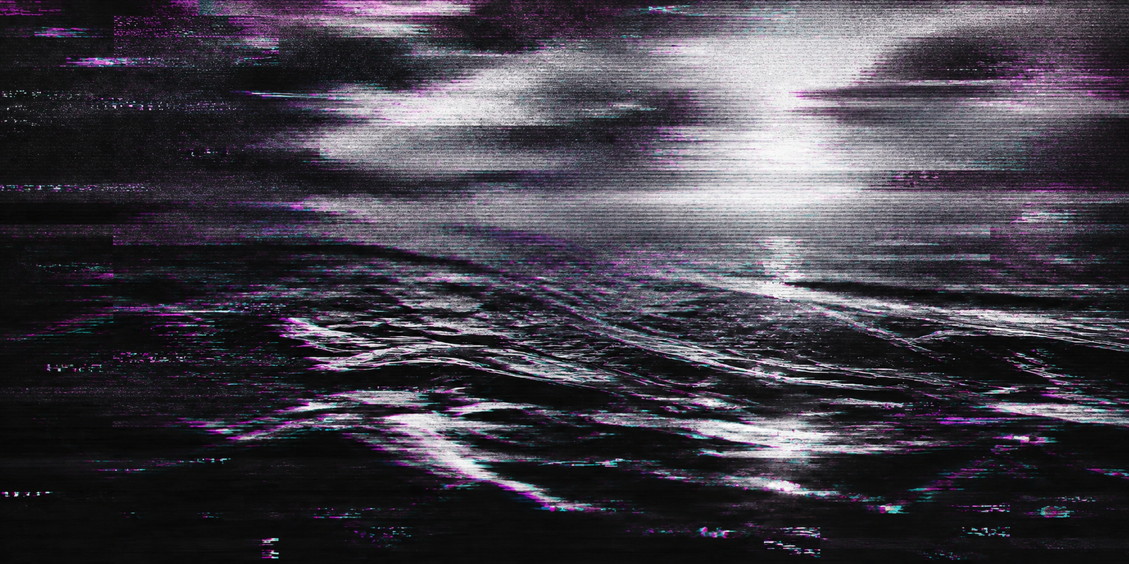 Mar y horizonte fragmentados con ruido digital y efecto glitch